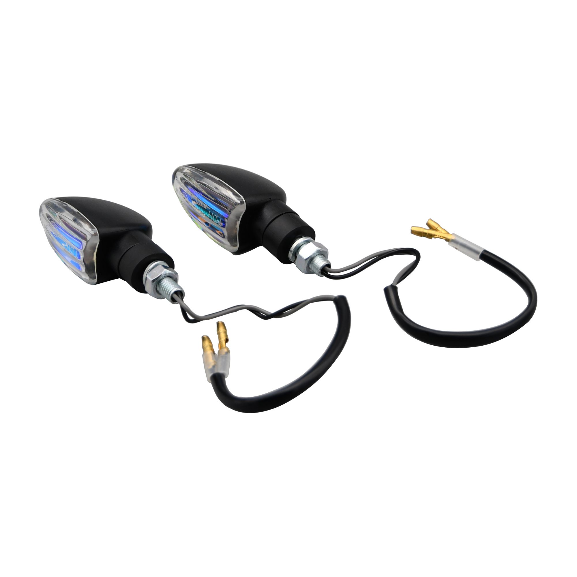 Bike It Motorcycle Long Stem Mini Indicators – Black Body, Smoked Lens, 12V